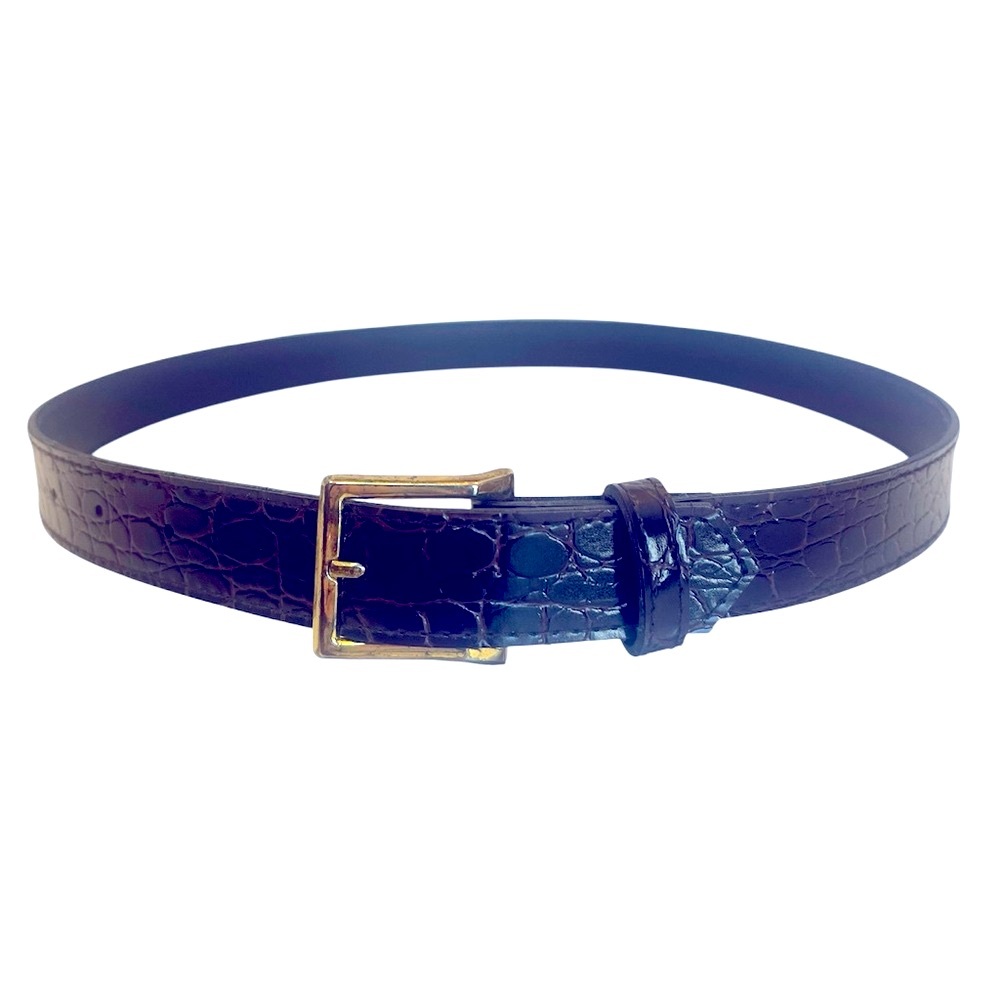 Vintage Dark Chocolate Brown Croc-Embossed Faux Leather Belt with Gold Buckle.